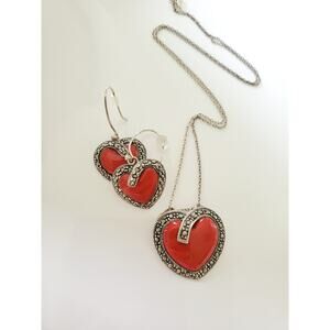 Sterling Silver Red Heart Marcasite Necklace and Earring Set